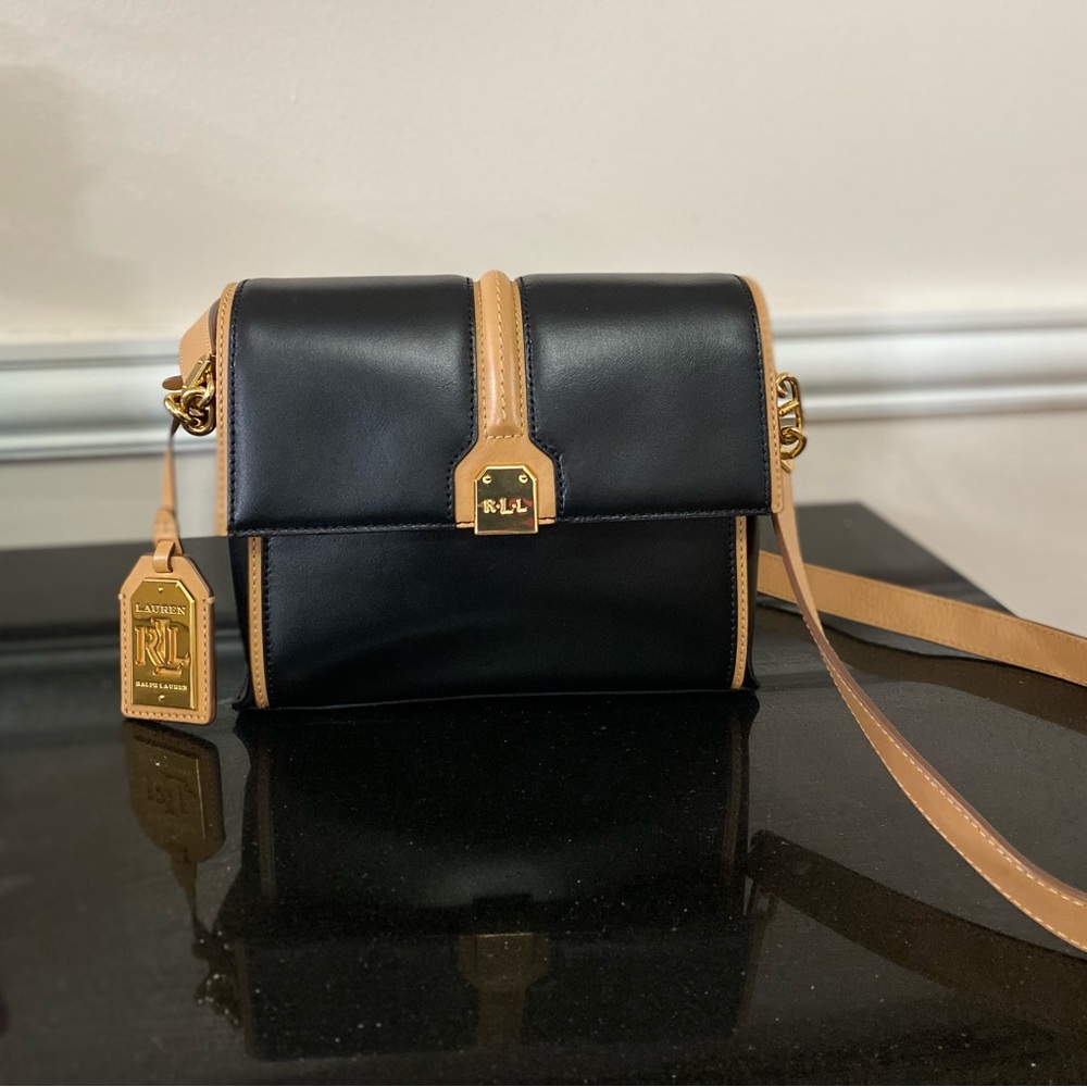 Lauren Ralph Lauren Black and Tan Crossbody Bag with Gold Accents